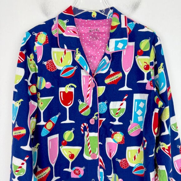 Nick & Nora Christmas Cocktails Flannel Sleep Shirt Size Medium M EUC - Picture 2 of 8